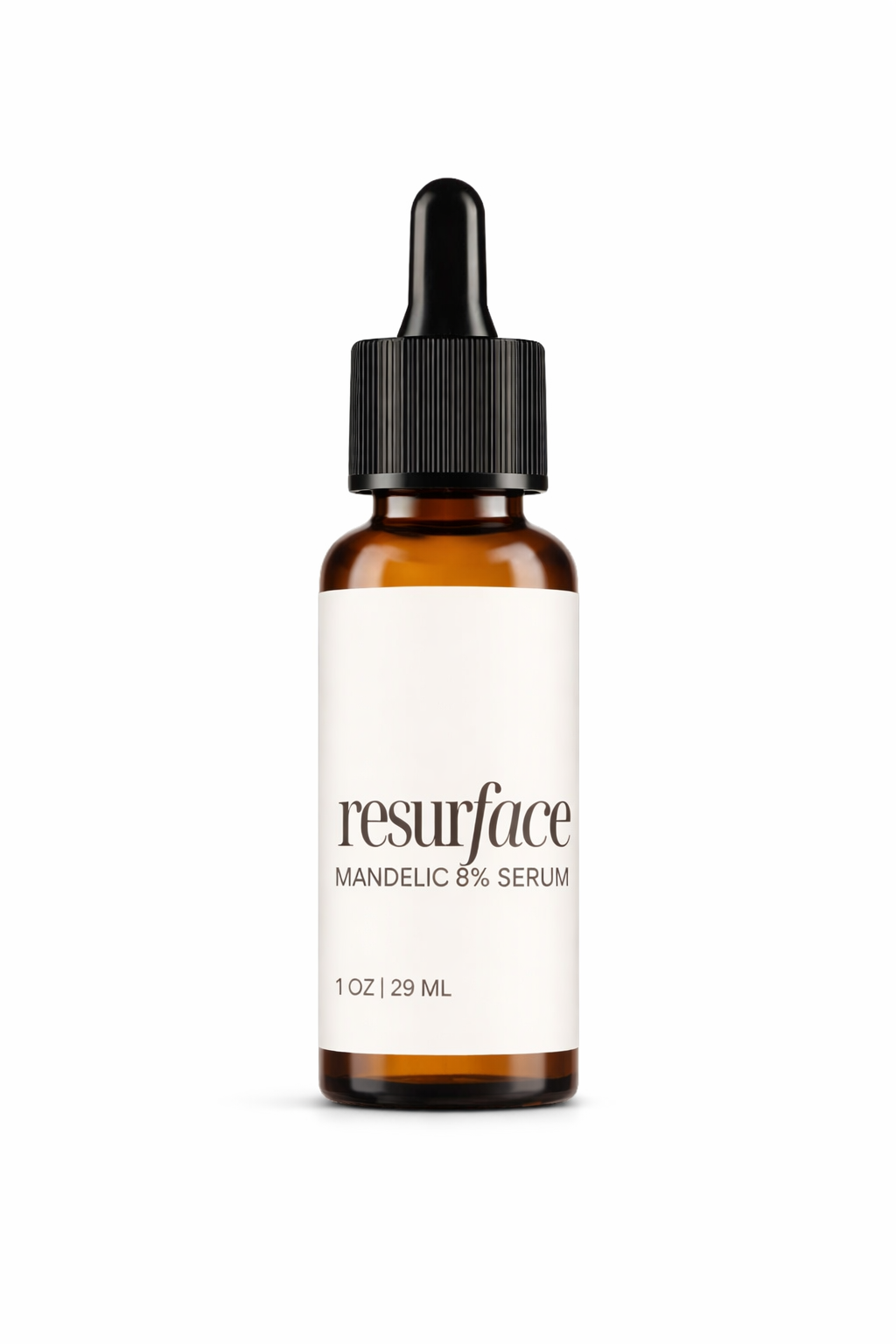 Skincare serum bottle labeled 'resurface' on a white background